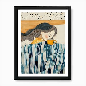 Cat And Girl In Bed Art Print