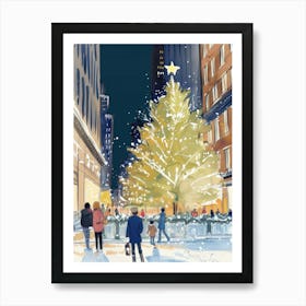 Big Christmas Tree In New York City. Retro Watercolor Art Print