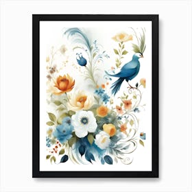 Blue Bird With Flowers 1 Art Print