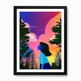 Luxmango Young Girl Looking At Stars And Sky, Charecter Illustration Art Print