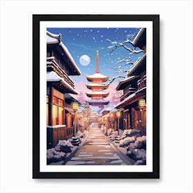 Winter Travel Night Illustration Kyoto Japan 3 Art Print