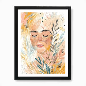 Girl With Flowers And Leaves 1 Art Print