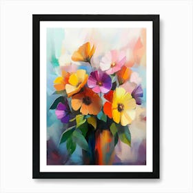 Oil Painting Abstract Colorful Bouquet Flowers And Green Leaf With Vase Art Print