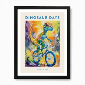 Dinosaur Riding A Bike Blue Orange Brushstroke Poster 2 Art Print