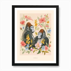 Folksy Floral Animal Drawing Gorilla 5 Poster Art Print