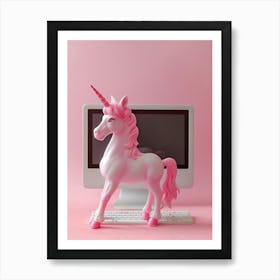 Pink Toy Unicorn On The Computer Art Print