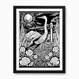 B&W Bird Linocut Crane 3 Art Print