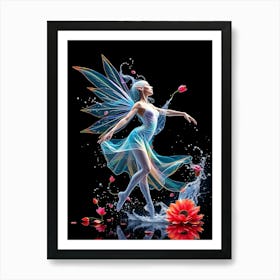 Fairy In Water Splash With Red Flowers Poster