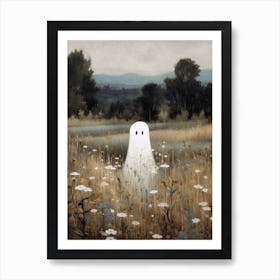 Cute Bedsheet Ghost In Flower Meadow Vintage Style, Halloween Spooky Art Print
