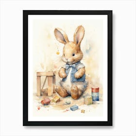 Bunny Playing With Toys Rabbit Prints Watercolour 3 Art Print