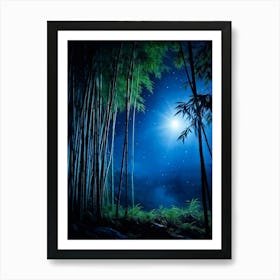 Moonlight Casting Ethereal Glow Onto Dense Bamboo Forest Star Laden Midnight Sky Enveloping Above Affiche