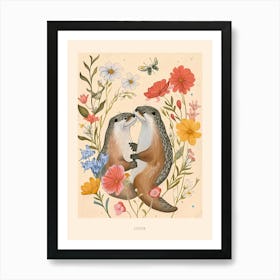 Folksy Floral Animal Drawing Otter Poster Art Print