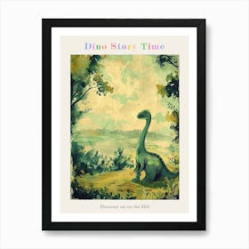 Dinosaur Sat On The Hill Vintage Storybook Painting Poster Art Print