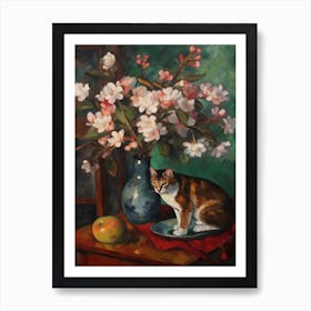 Flower Vase Apples Blossom With A Cat 3 Impressionism, Cezanne Style Art Print