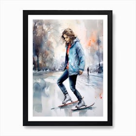 Girl Skateboarding In Amsterdam, Netherlands Watercolour 4 Art Print