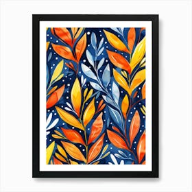 Autumn Leaves On Blue Background Art Print