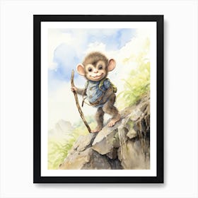 Monkey Painting Hiking Watercolour 2 Art Print