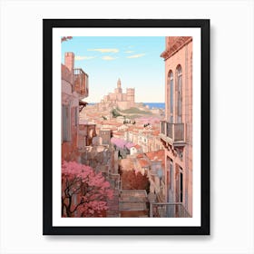 Marseille France 2 Vintage Pink Travel Illustration Poster