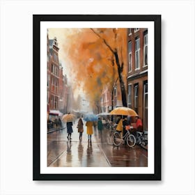 Amsterdam cafes, autumn season, rain, autumn oil colours.Faded colours,People passing on the street, winter clothes, rain umbrellas.3 4 Art Print