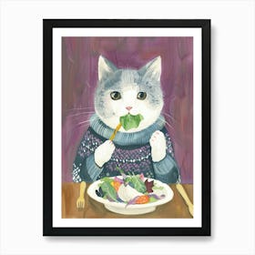 Grey Cat Eating Salad Folk Illustration 3 Art Print