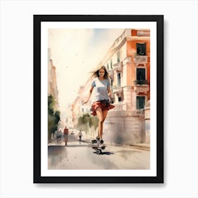 Girl Skateboarding In Lisbon, Portugal Watercolour 4 Art Print