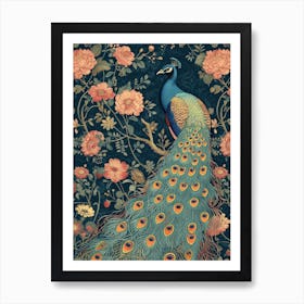 Navy Blue & Pink Peacock Wallpaper Art Print