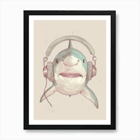 Shark Listening To Music With Headphones Subtle Pastel Art Print