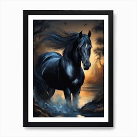 Black Horse In The Water 4 Art Print