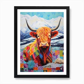 Patchwork Highland Cow With The Snowy Mountains Art Print