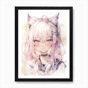 Kawaii Anime Girl With Pink Hair and Cat Ears Neko Nekomimi Watercolor Otaku Art Print