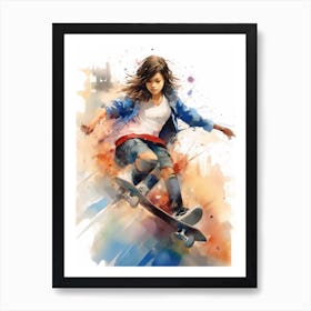 Girl Skateboarding In Sao Paulo, Brazil Watercolour 1 Art Print