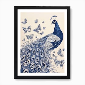 Cream & Navy Blue Peacock With Butterflies Linocut Inspired  3 Poster