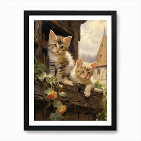 Cute Cats With A Medieval Cottage In The Background 2 Art Print