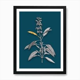 Vintage Sage Plant Black and White Gold Leaf Floral Art on Teal Blue n.0172 Art Print