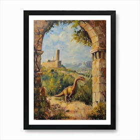 Dinosaur By The Castle Painting Art Print