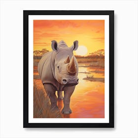 Rhino In The Sunset Realistic Illustration 1 Art Print