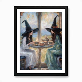 Witch Friends Meet to Drink Tea - Best Witches Have Afternoon Tea and Drinks - Witchy Artwork for Feature Gallery Wall Coven Pagan Wicca Witchcraft Art Fairytale Oil Paint Fancy Magick HD Art Print