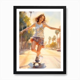 Girl Skateboarding In Los Angeles, United States Watercolour 2 Art Print