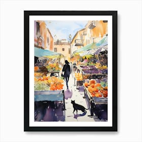 Food Market With Cats In Rome 1 Watercolour Art Print