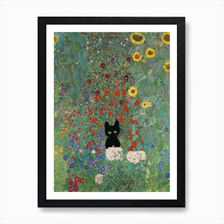 Gustav Klimt Style, Farm Garden With Sunflowers And A Black Cat 2 Art Print