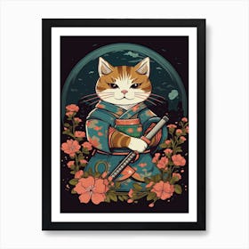 Cute Samurai Cat In The Style Of William Morris 1 Art Print