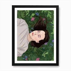 Girl in flowers, Sunshine (dark hair) Art Print