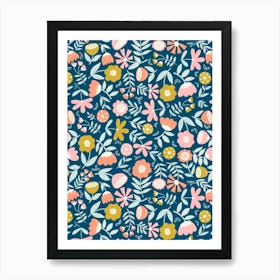 Cute Soft Scattered Scandi Florals Pink, Yellow, Light Blue, Navy Blue Art Print