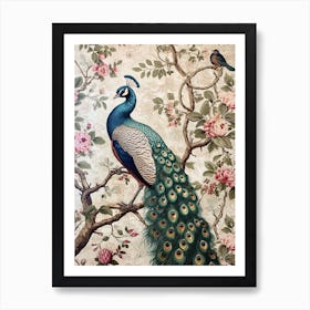 Vintage Floral Peacock Wallpaper Inspired With Another Bird Art Print