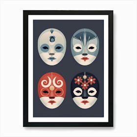 Noh Masks Japanese Style Illustration 23 Art Print