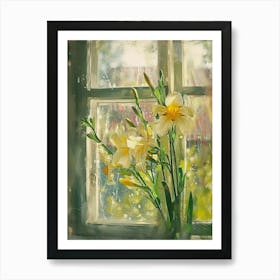 Iris Flowers On A Cottage Window 2 Art Print