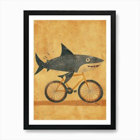 Shark Riding A Bike Mustard & Blue Art Print