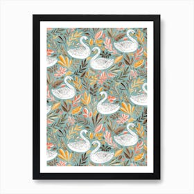 White Swans With Autumn Leaves On Sage Green Art Print