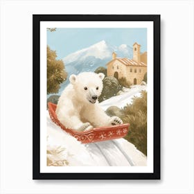 Polar Bear Cub Sledding Down A Snowy Hill Storybook Illustration 3 Art Print