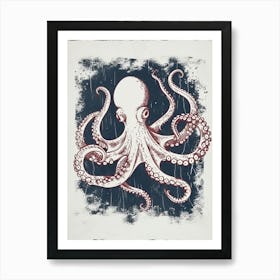 Red & Navy Octopus Linocut Inspired In The Ocean 6 Art Print